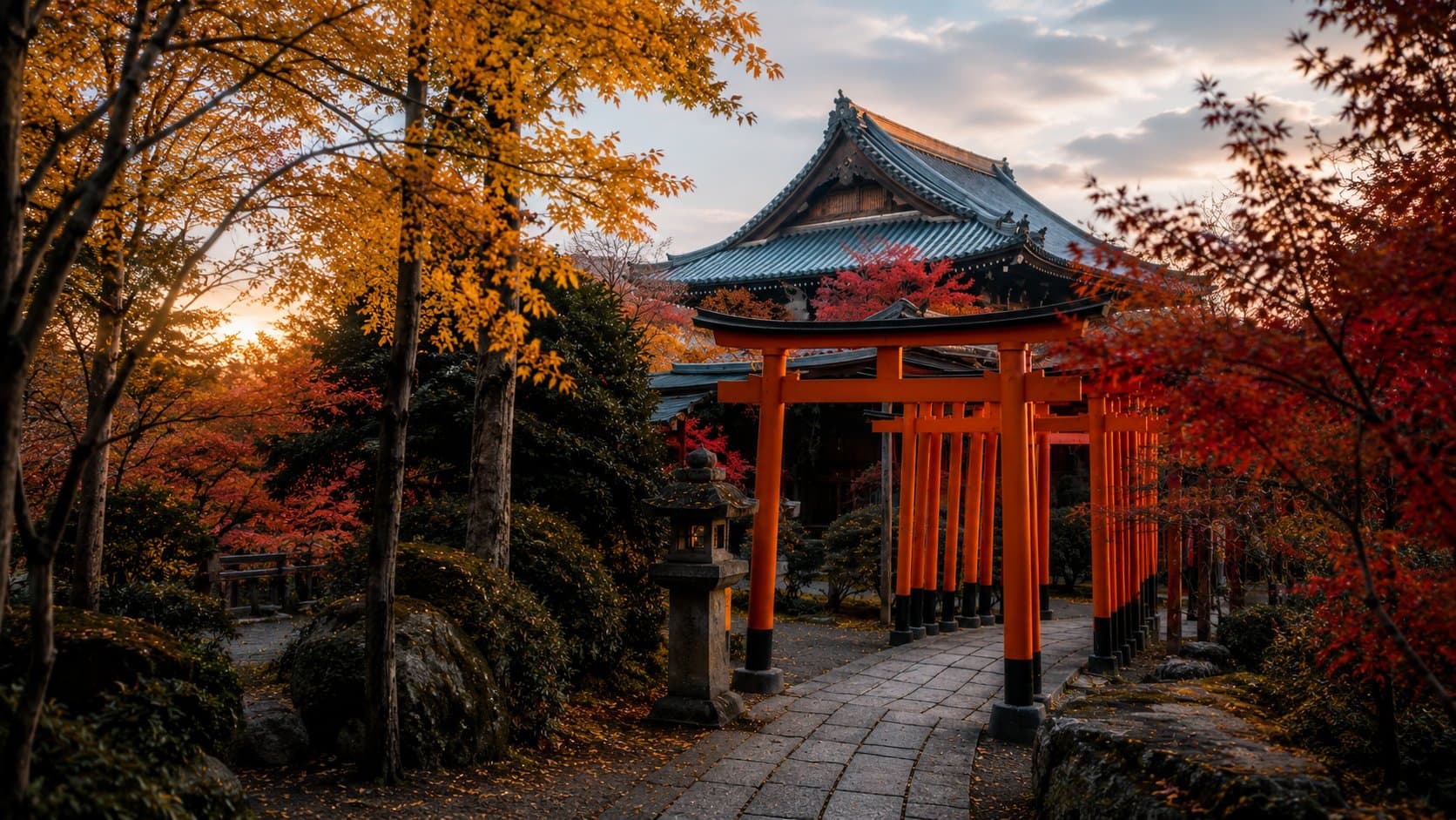 Kyoto'da kırmızı torii kapıları ve sonbahar yaprakları, arka planda geleneksel tapınak