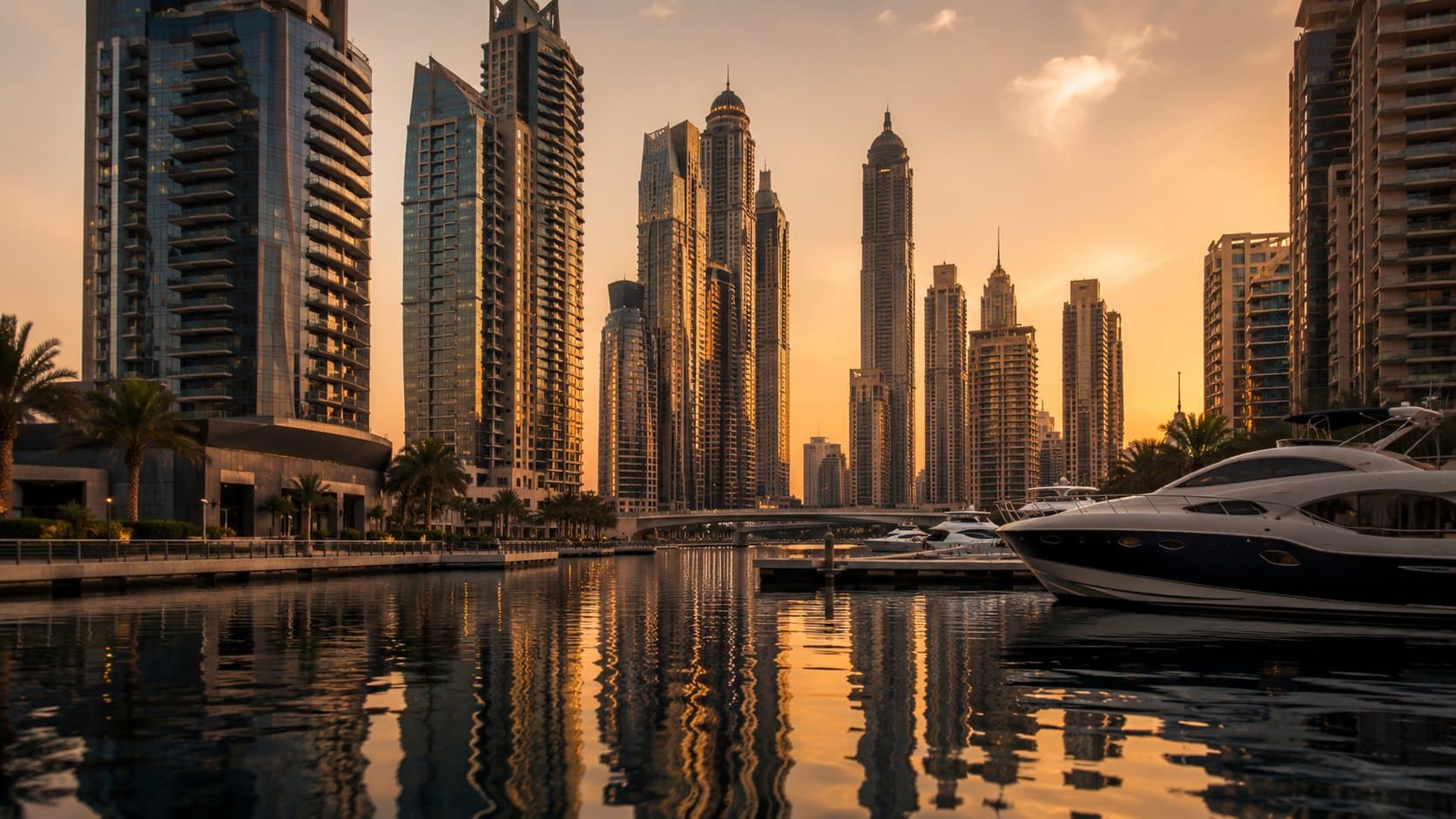 Dubai Marina'da gün batımında gökdelenler ve körfez, altın saat ışığı