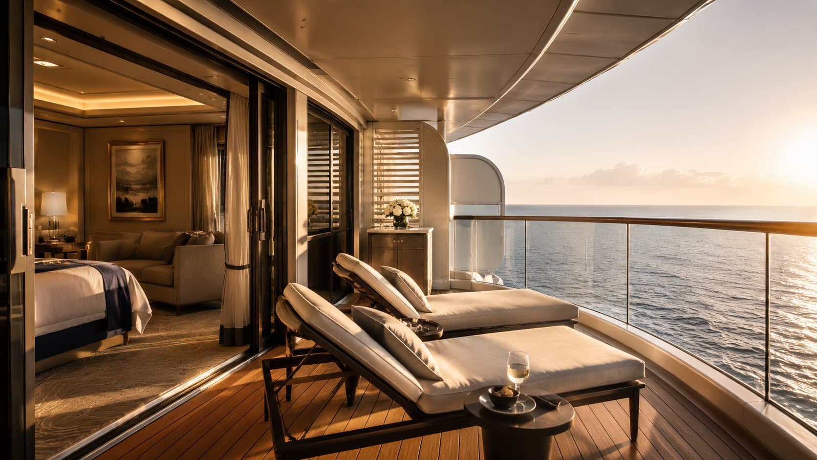 Cruise gemisinde balkonlu süit, açık denize bakan teras ve şezlong